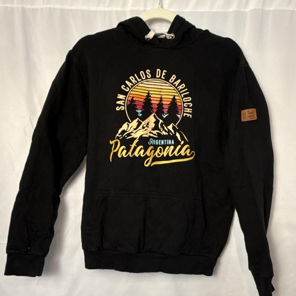 Patagonia Graphic Logo Fleece Pullover Hoodie Black Mens M Pockets Drawstring